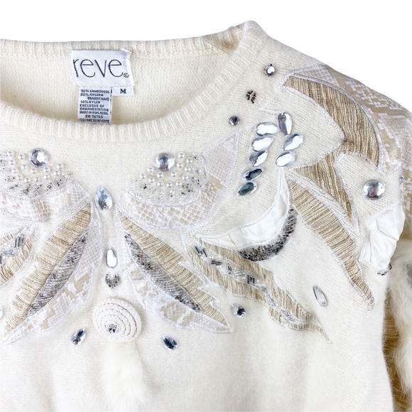 Vintage Reve Ivory Lambswool Rabbit Hair Angora Embroidered Sweater Size Medium - Picture 3 of 9
